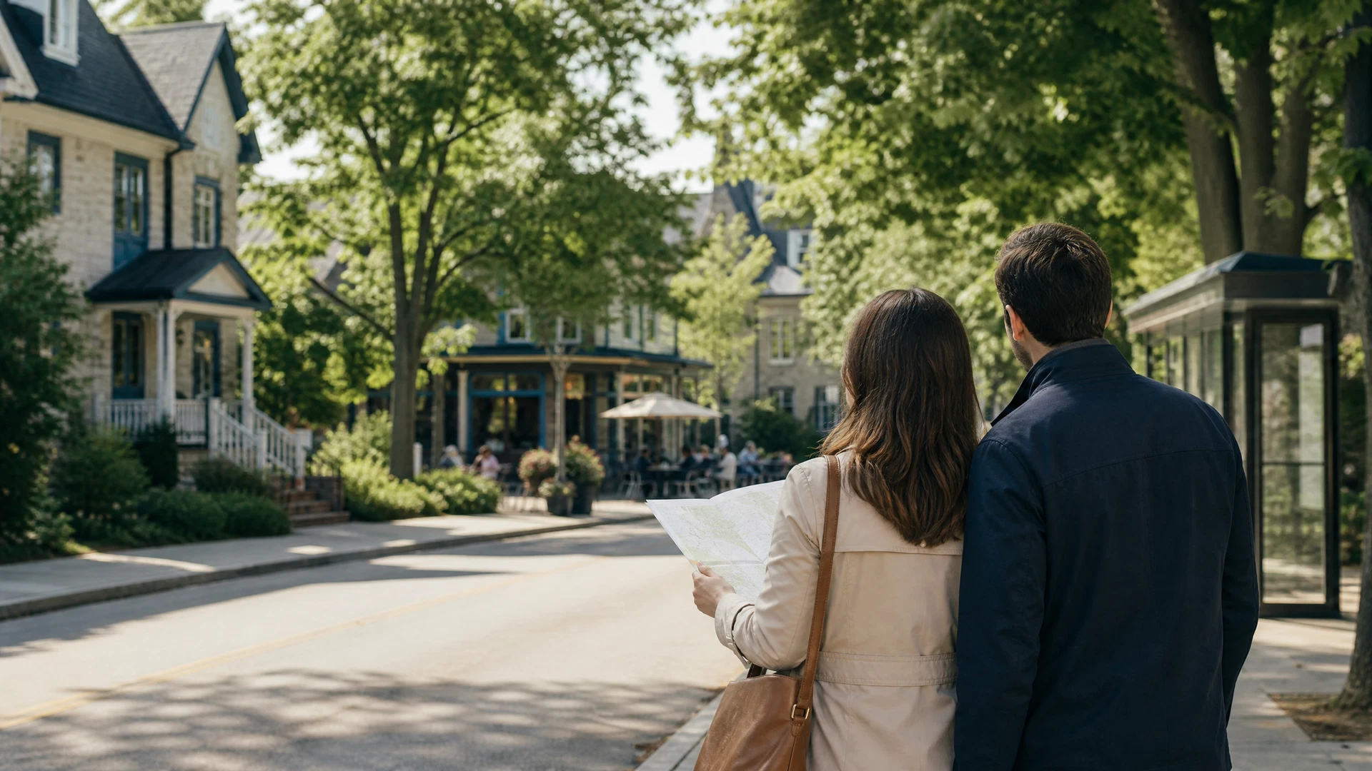 Couple observant une rue résidentielle arborée pour choisir un quartier