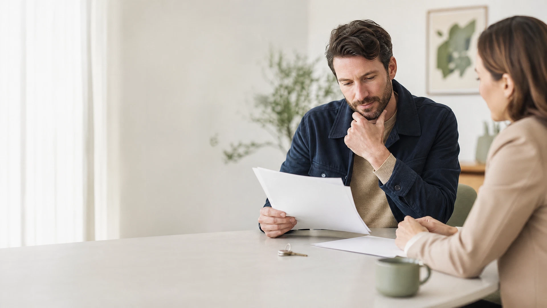 Acheteur et professionnel examinant les documents d’une promesse d’achat