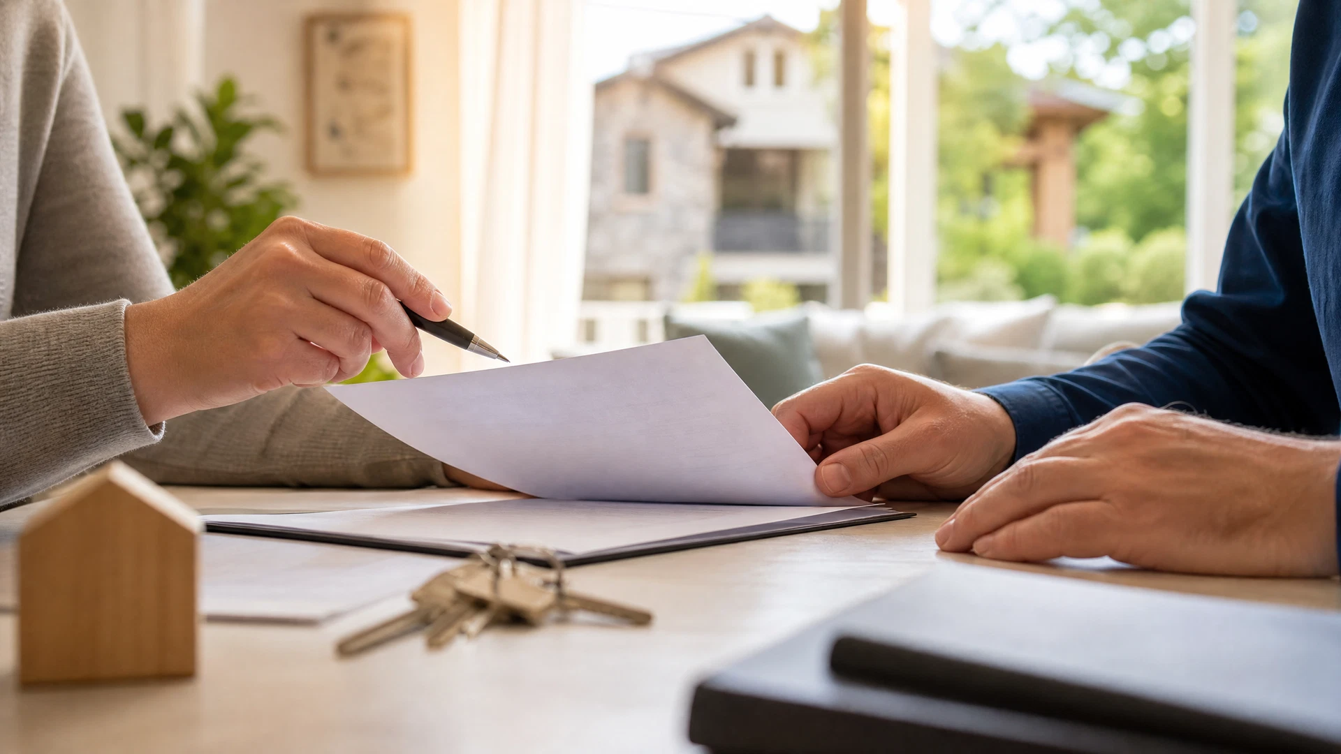 Révision attentive d’un document de transaction immobilière et de clés